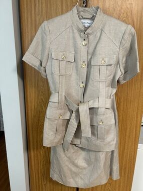 Calvin Klein Linen-Blend Beige Short Sleeve Utility Dress with Belt